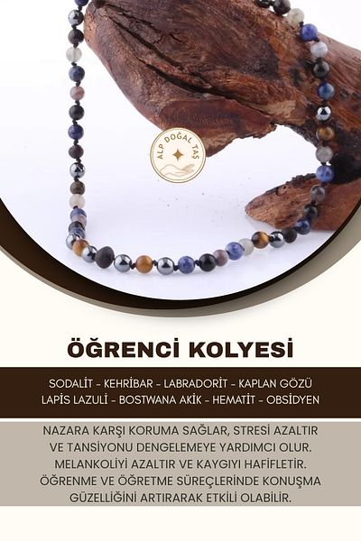 Alp Doğal Taş Student Necklace - Lapis - Sodalite - Amber - Labradorite - Tiger Eye - Bostwana Agate - Hematite - ob