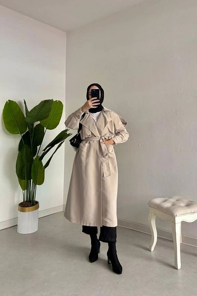 Tesettür Diyarı Beige Colored Belted Trench-Snap Detailed Shoulder and Arm Design