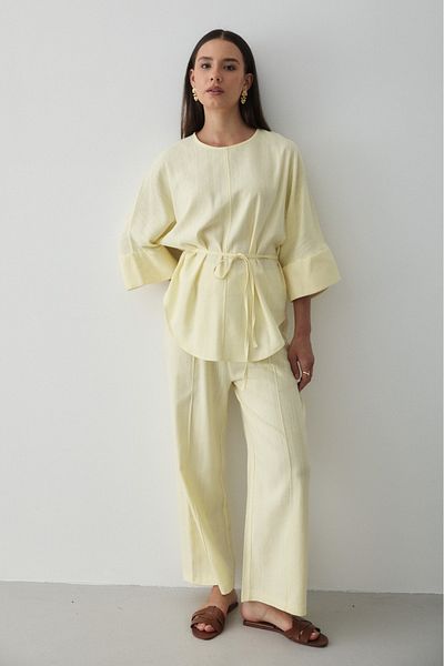 JASTE Women's Yellow Linen Oversize Top Blouse & Elastic Wide Leg Pants Double Set