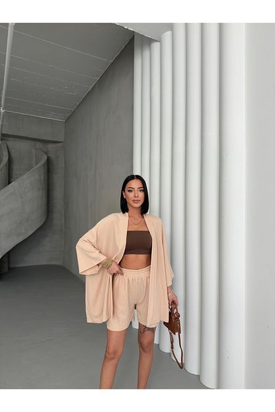 only moon Women's Clothing Wrinkle Fabric Kimono Shorts Set, Bottom Top Set (Not Included in It)