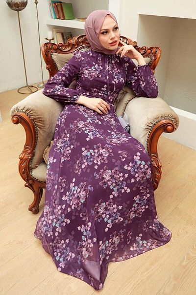 Neva Style Μωβ φόρεμα Hijab με λουλούδια 27906