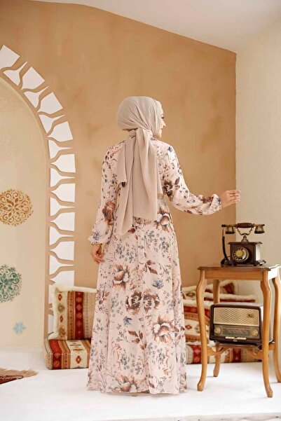 Neva Style Floral Patterned Salmon Hijab Dress 27963Smn
