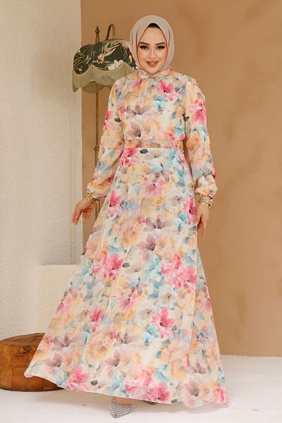 Neva Style Rochie hijab galbenă cu model floral 27984SR