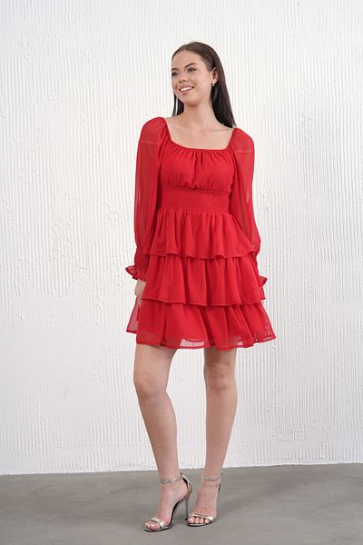 barış sülün lovebox Women's Skirt Layered Detailed Lined Chiffon Fabric Red Evening Dress 078