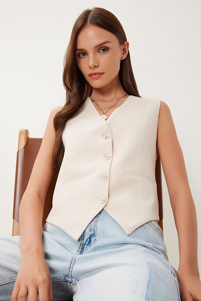 Lovelyİstanbul Cream Crop Woven Vest - Fitting on the Body, Lto0003