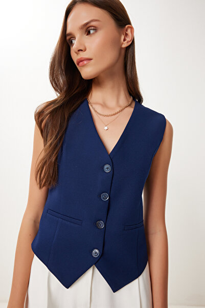 Lovelyİstanbul Body Sitting Crop Woven Vest Navy Blue Lto0003