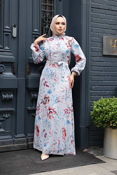 Neva Style Rochie hijab gri cu modele florale 27963GR