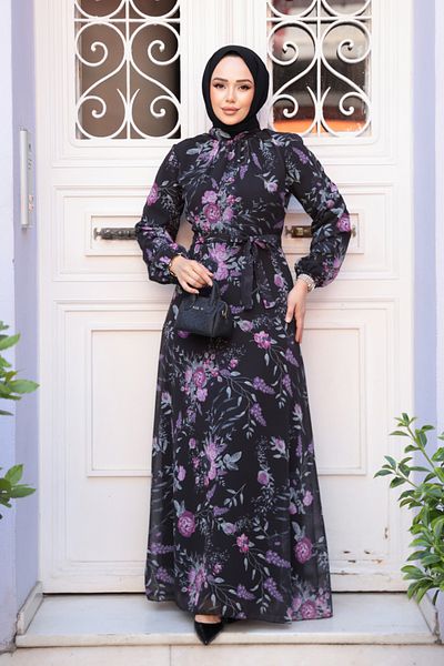 Neva Style Rochie neagră cu hijab cu modele florale 27960S