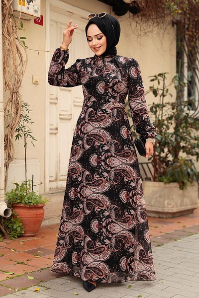 Neva Style Floral Patterned Tile Hijab Dress 279081 Krmt