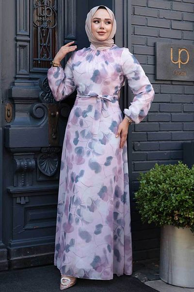 Neva Style Rochie hijab pudra cu modele florale 279916 PD