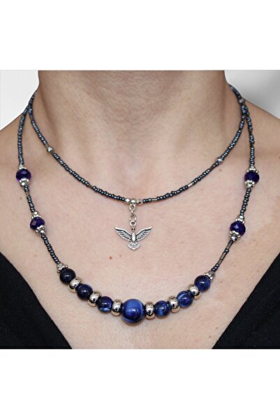 etniko Mavi Boncuklu Kadın Kolye – Anka Kuşu Figürlü, İki Parçalı, Klips Kapamalı Şık Aksesuar