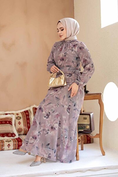 Neva Style Floral Patterned Dusty Rose Hijab Dress 27987Gk