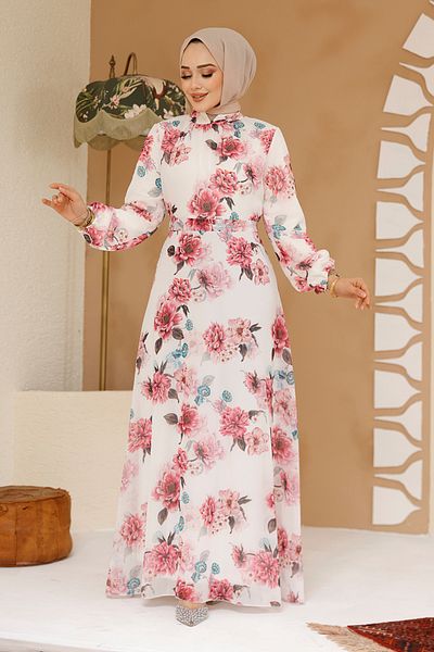 Neva Style Λευκό Φόρεμα Hijab με Floral σχέδιο 27965B