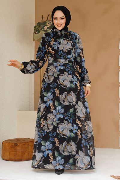 Neva Style Μαύρο Μουσουλμανικό Φόρεμα με Floral Σχέδιο 27971S