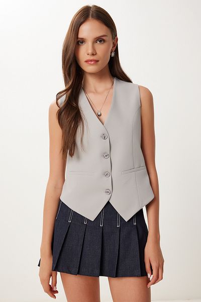 Lovelyİstanbul Gray Crop Woven Vest - Fitting on the Body, Lto0003