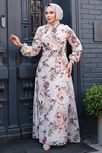 Neva Style Beige Hijab Dress, Flower Pattern 27992Bej Model