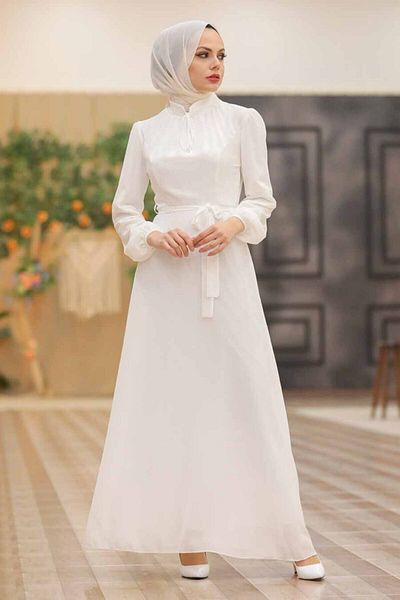 Neva Style - Belted Ecru Hijab Dress 27922E