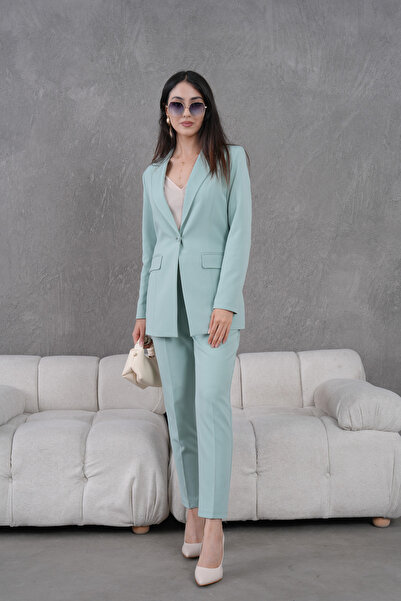 nodilife Düğmeli Atlas Takım Elbise Mint Yeşili