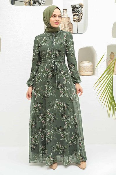 Neva Style Floral Patterned Khaki Hijab Dress 279061 Hk