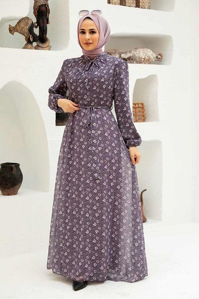 Neva Style Floral Patterned Lilac Hijab Dress 279045Lıla