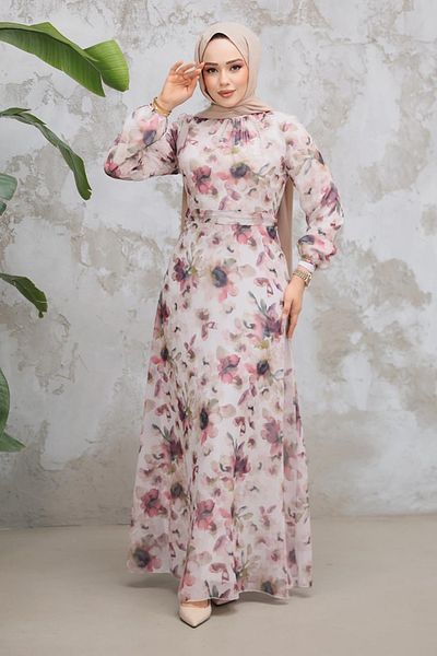 Neva Style Φόρεμα Hijab Dusty Rose με μοτίβο λουλουδιών 279914GK