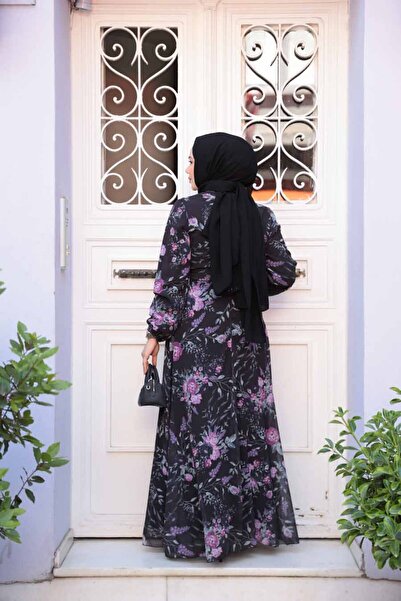 Neva Style Rochie neagră cu hijab cu modele florale 27960S
