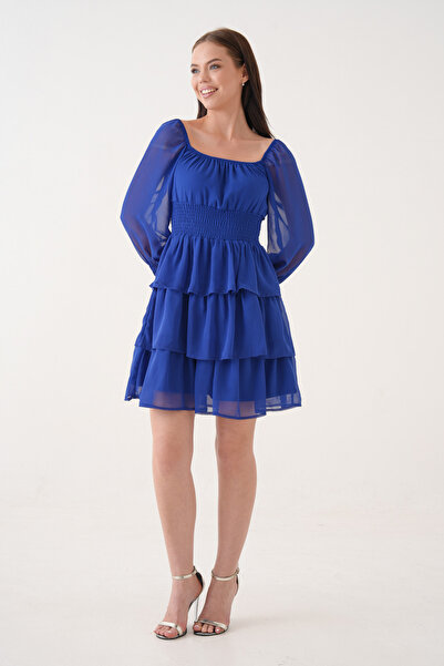 bayansepeti Women's Skirt Floor Detail Waist Elastic Lined Chiffon Fabric Blue Dress 078