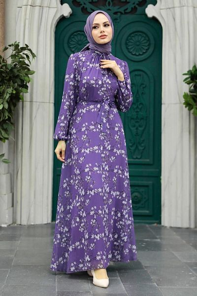 Neva Style Floral Patterned Lilac Hijab Dress 279048Lıla