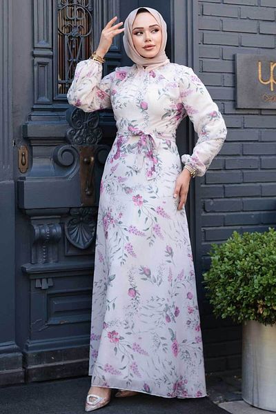 Neva Style Beige Floral Patterned Hijab Dress 27989