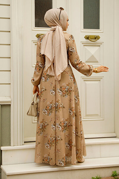 Neva Style Çiçek Desenli Vizon Tesettür Elbise 279082v