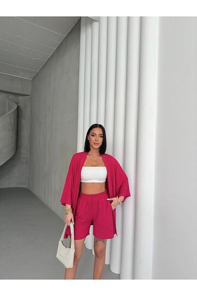 only moon Women's Clothing Wrinkle Fabric Kimono-Shorts Set, Bottom Top Set, (Not Included in It)