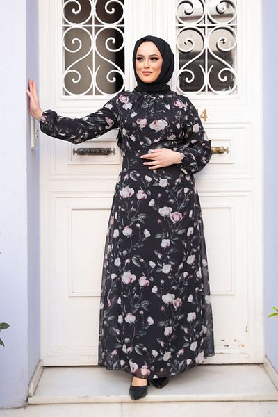 N.S NEVA STYLE Φόρεμα Μαύρο Hijab με Floral Print 279921S