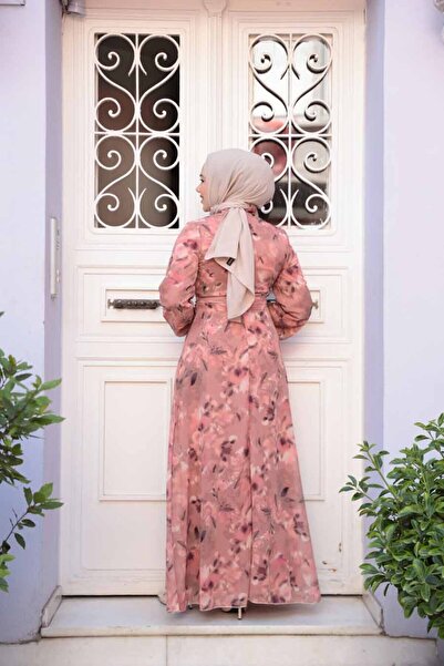 Neva Style Floral Patterned Dark Salmon Hijab Dress 27987Ksmn