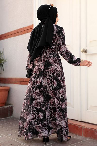 Neva Style Rochie neagră cu hijab cu modele florale 279081 s