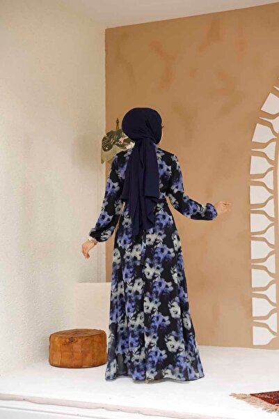Neva Style Rochie neagră cu hijab cu modele florale 27982S