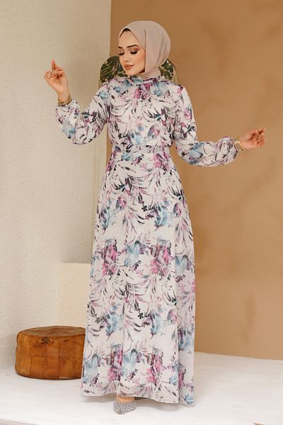 N.S NEVA STYLE Φόρεμα Hijab Ecru με λουλούδια 27973e