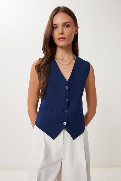 Lovelyİstanbul Vestă țesută Crop Așezată pe corp Bleumarin Lto0003