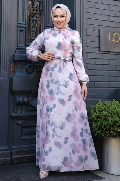 Neva Style Rochie hijab pudra cu modele florale 279916 PD