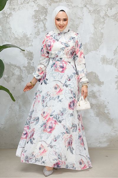 Neva Style Φόρεμα Hijab Μπεζ με Floral σχέδιο 27986BGR
