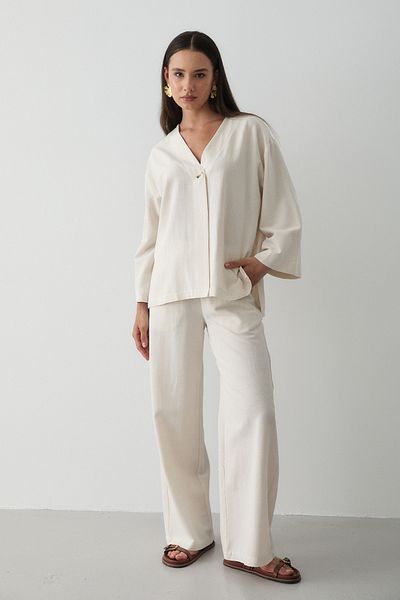 JASTE Women's Buttoned V-Neck Kimono & Elastic Waist Trousers Linen Set