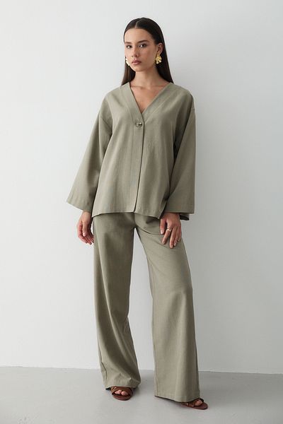 JASTE Women's Buttoned V-Neck Kimono & Elastic Waist Trousers Linen Set