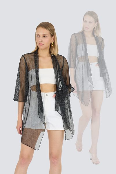 Laranor Glitter Mesh Shawl Collar Flywheel Sleeve Kimono Kaftan Beach Wear 25L8120