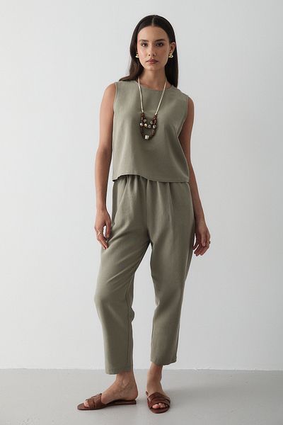 JASTE Women's Khaki Necklace Detailed Blouse & Elastic Waist Pants Linen Suit