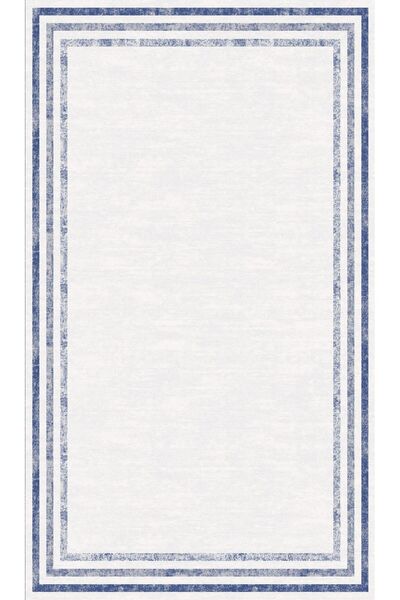 Halıstores Shiny SH1 Mavi Çerçeveli Kaymaz Taban Saçaklı Krem Parlak Salon Ha...