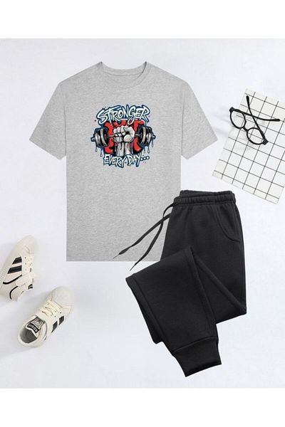 cm buseyiz Mixed Print Basic T-Shirt & Ribbed Bottom Boys' Bottom - Top Set