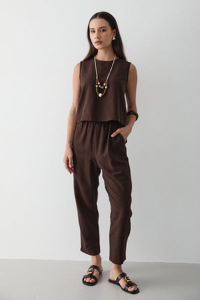 JASTE Women's Necklace Detailed Blouse & Elastic Waist Pants Linen Suit