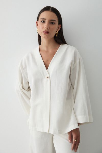 JASTE Women's Buttoned V-Neck Kimono & Elastic Waist Trousers Linen Set