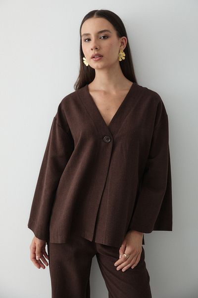 JASTE Women's Buttoned V-Neck Kimono & Elastic Waist Trousers Linen Set