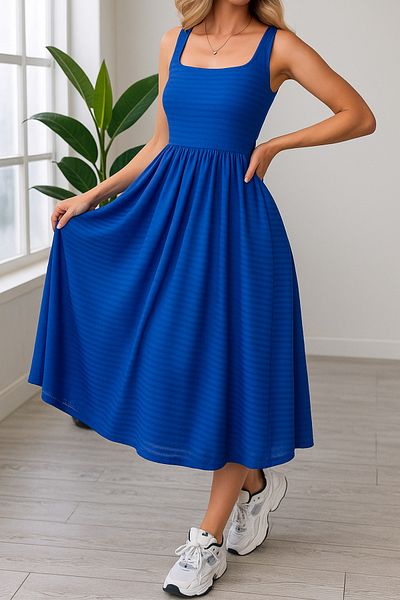 Ceylen Rochie midi cu volan cu fusta cu guler patrat cu bretele groase