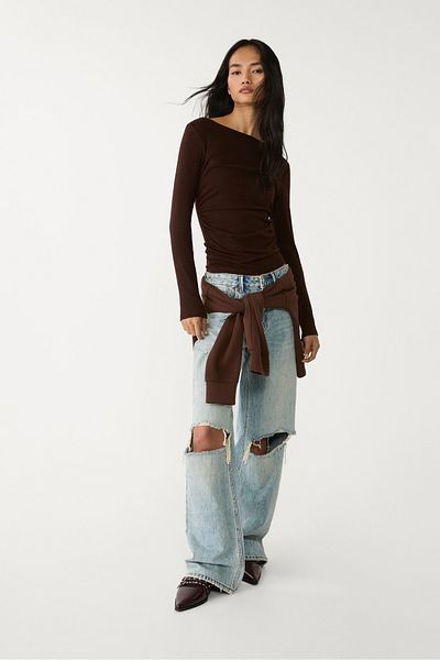Stradivarius Gathered Long-Sleeved T-Shirt